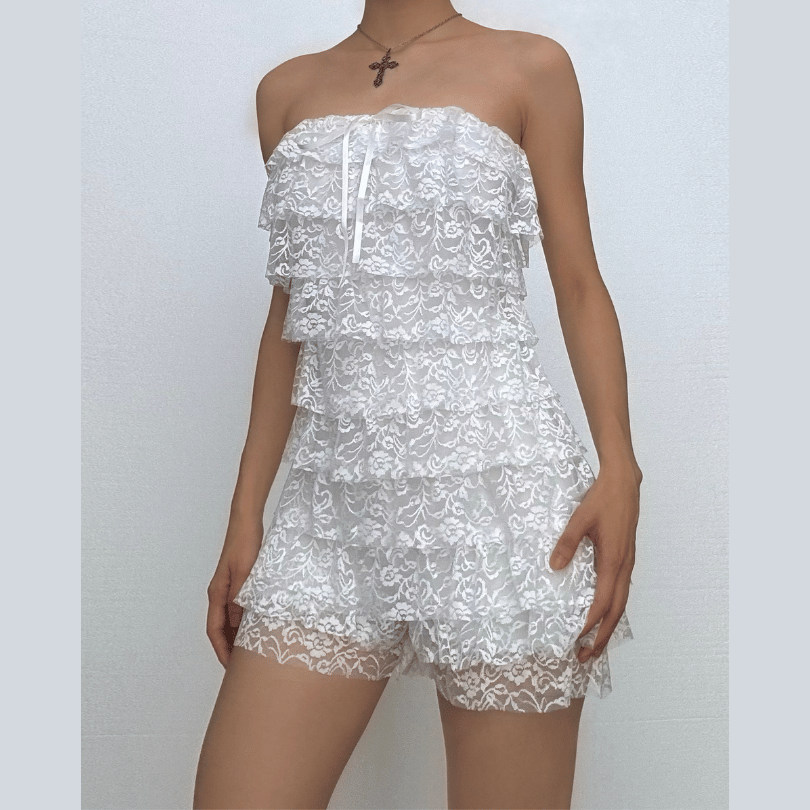 Bowknot lace backless ruffle tube mini dress-final-sale