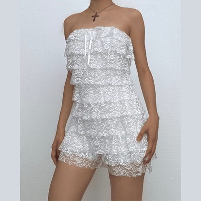 Bowknot lace backless ruffle tube mini dress-final-sale