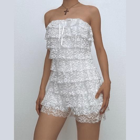 Bowknot lace backless ruffle tube mini dress-final-sale