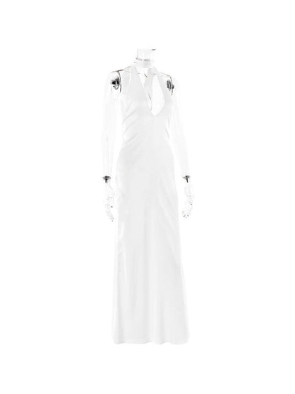 Halterneck Lace Up V Neck Backless Maxi Dress