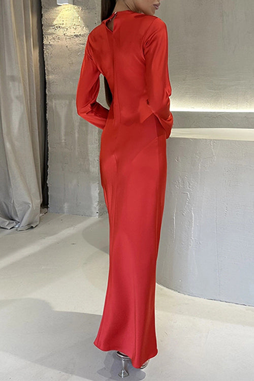 Round Neck Long Sleeves Satin Maxi Party Dress