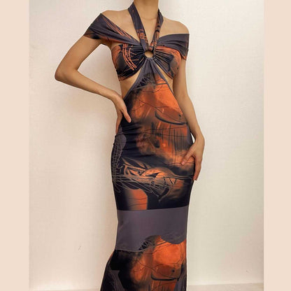 Abstract Print Off-Shoulder Halter O-Ring Waist Cutout Midi Dress