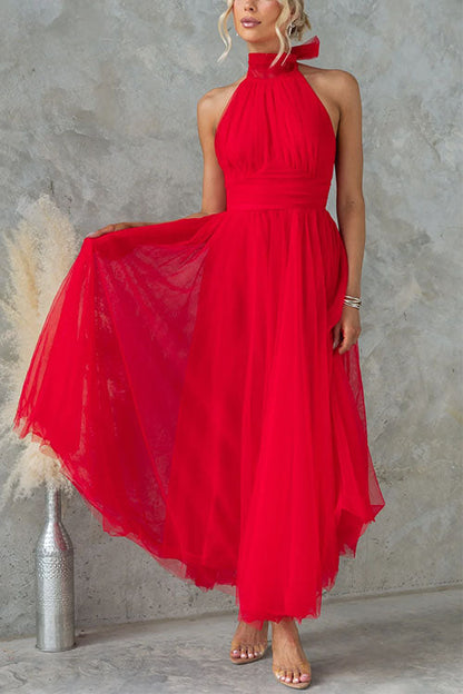 Bow Knot Halter Open Back Tulle Maxi Dress