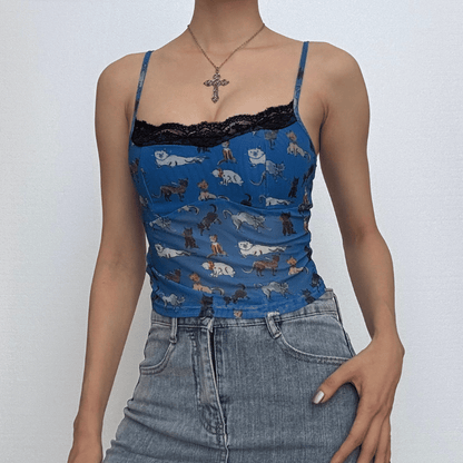 Lace hem print backless cami top
