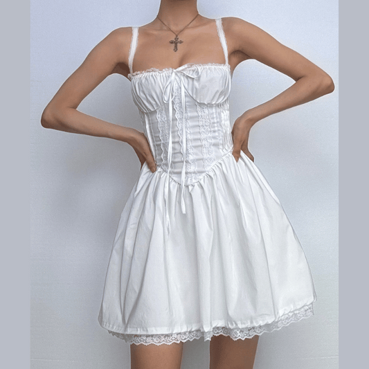 Lace hem lace up ruched backless square neck mini dress