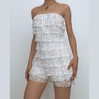 Bowknot lace backless ruffle tube mini dress