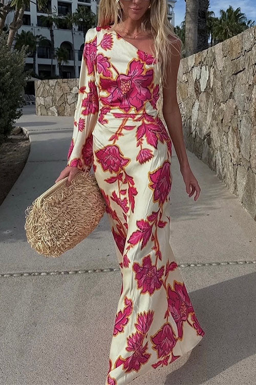 One Shoulder Long Sleeve Floral Print Maxi Dress