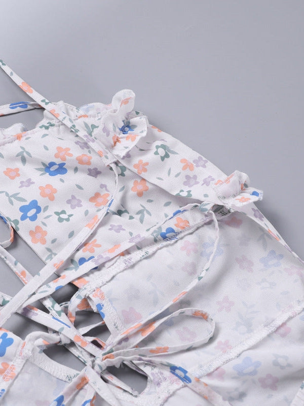 Floral Print Backless Laceup Cutout Split Dress