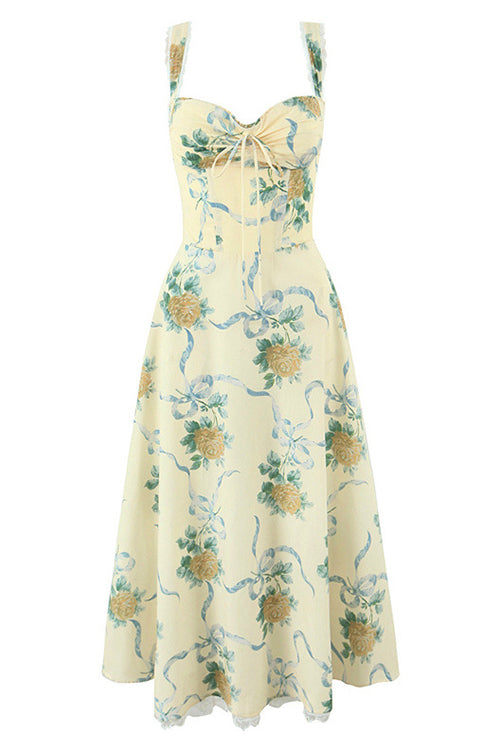 Meridress Lace Trim Drawstring Floral Print Midi Cami Dress