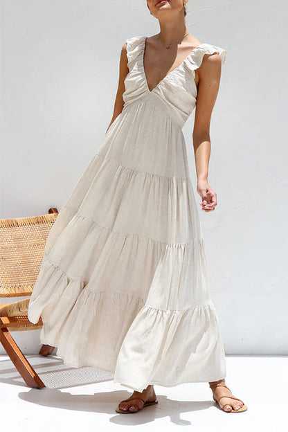 Plunging V-Neck Ruffle Strap Tiered Empire Waist Maxi Dress