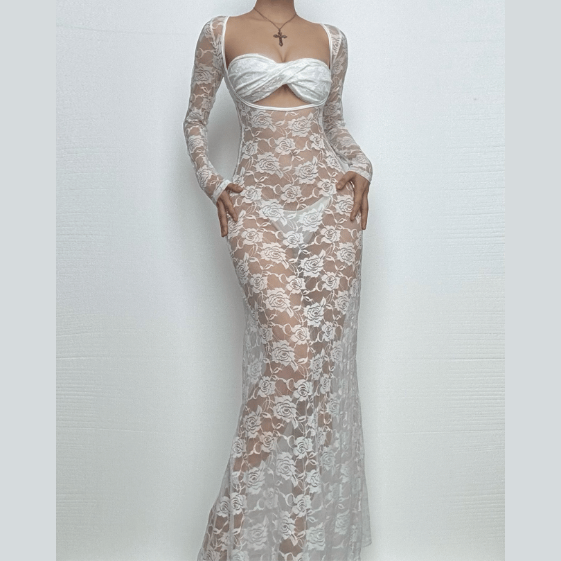 Long sleeve lace see through sweetheart neck maxi dress