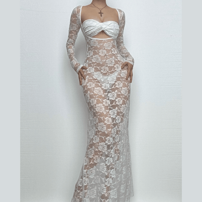 Long sleeve lace see through sweetheart neck maxi dress