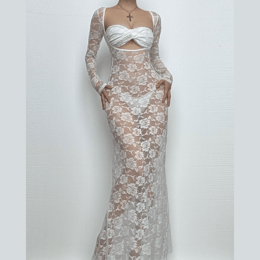 Long sleeve lace see through sweetheart neck maxi dress