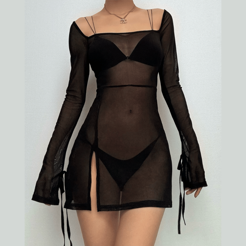 Sheer mesh see through square neck slit long sleeve mini dress
