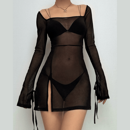 Sheer mesh see through square neck slit long sleeve mini dress