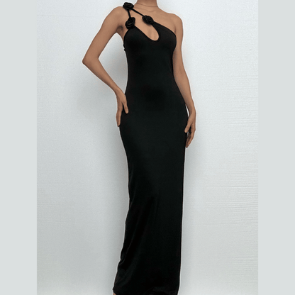 One shoulder flower applique maxi dress