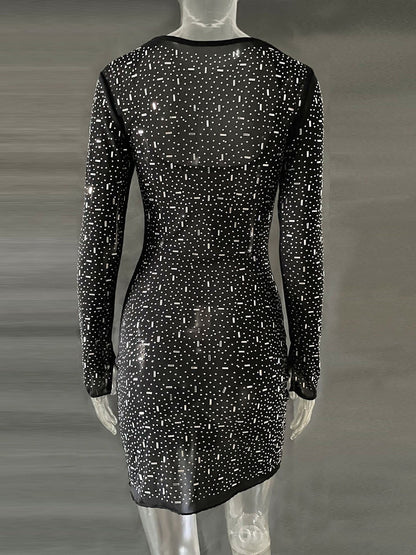 Sequins Rhinestone Semi See through Full Sleeve Short Dress