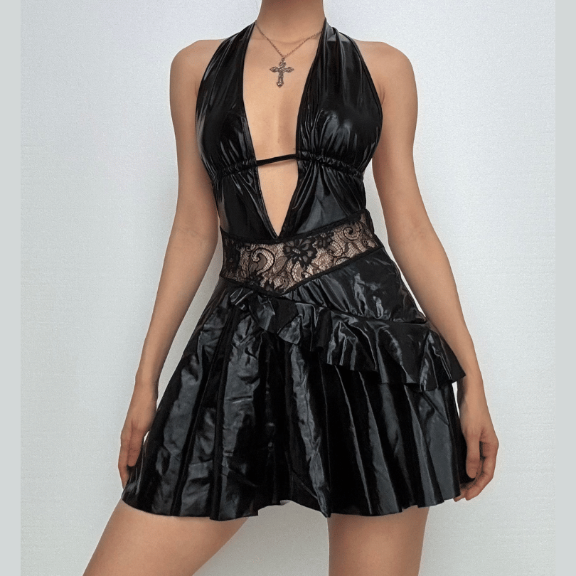 Halter PU leather lace patchwork ruched drawstring mini dress