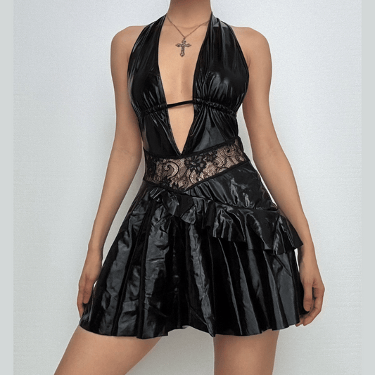 Halter PU leather lace patchwork ruched drawstring mini dress