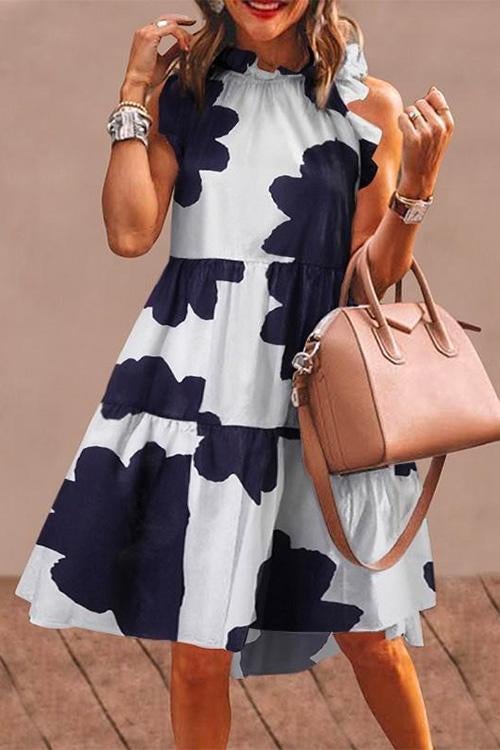 Sleeveless Printed Ruffle Midi Dress