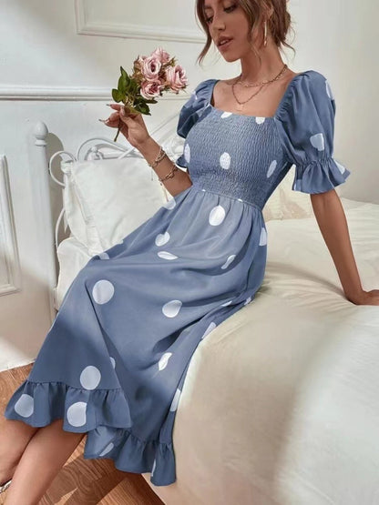 Square Collar Polka Dots Short Sleeve Ruffle Vacation And Leisure Maxi Dresses