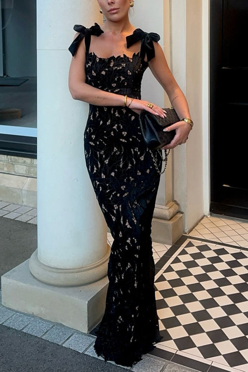 Bow Shoulder Lace Hollow Out Bodycon Maxi Cami Dress