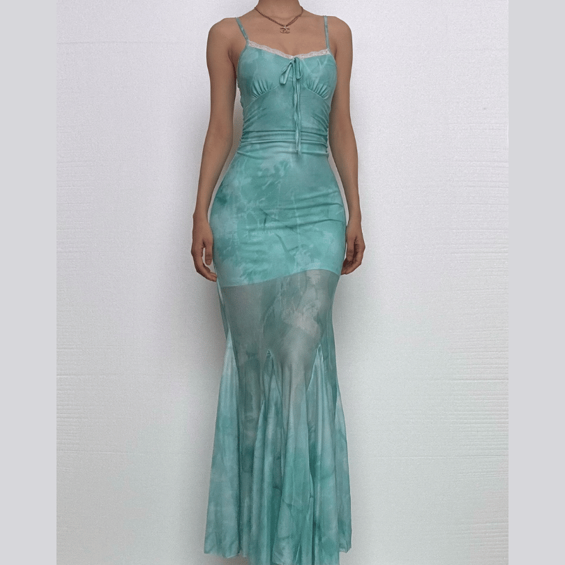 Lace hem print mesh knotted ruched cami maxi dress