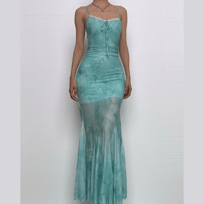 Lace hem print mesh knotted ruched cami maxi dress