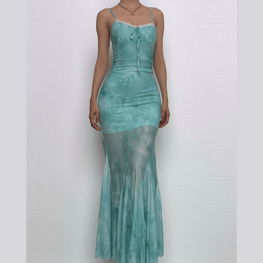 Lace hem print mesh knotted ruched cami maxi dress