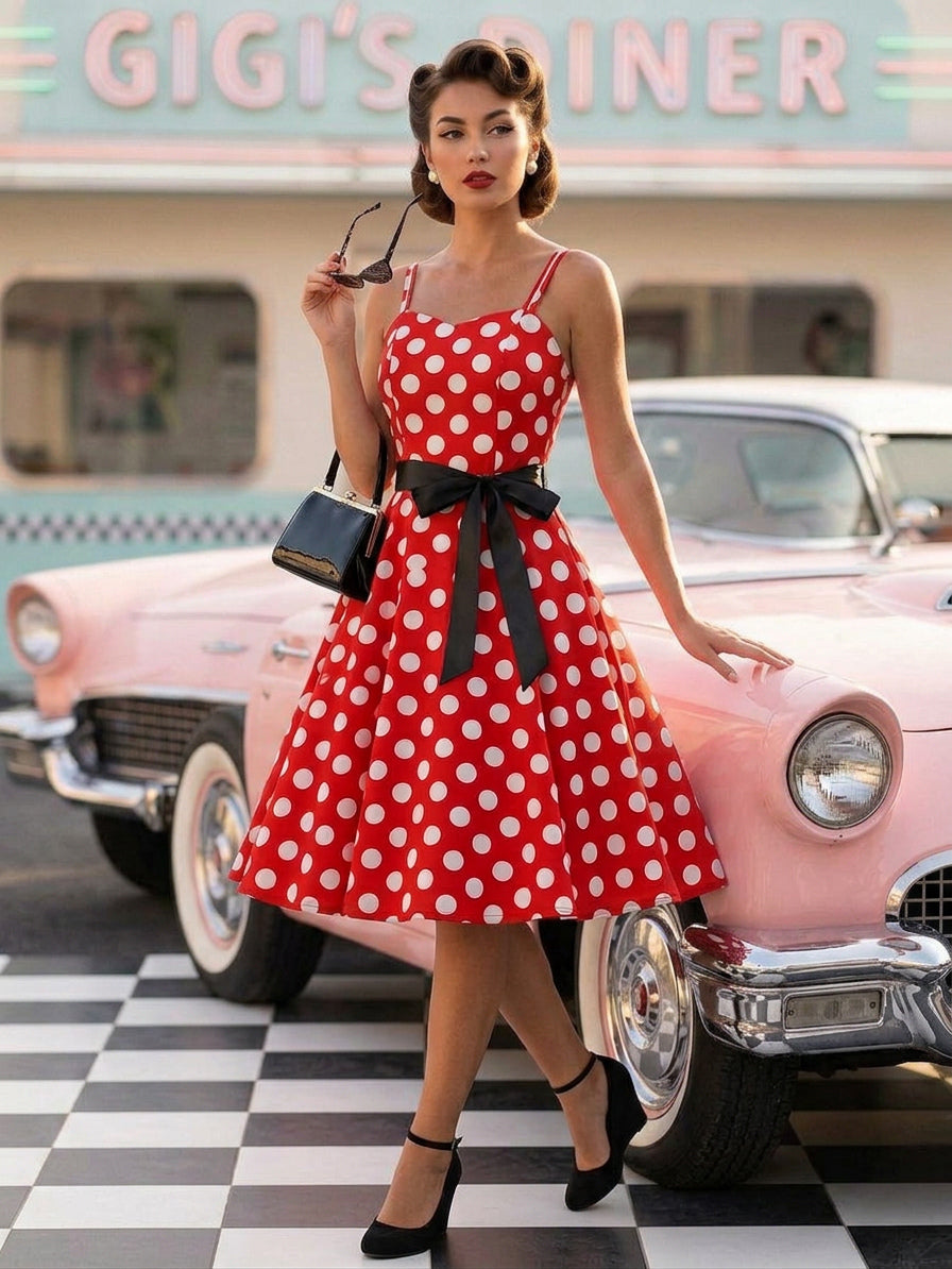 Polka Dot Vintage Midi Swing Dress for Women - 1950s A-Line Belted Rockabilly Slip Sun Dress - Summer Holiday Party 2026
