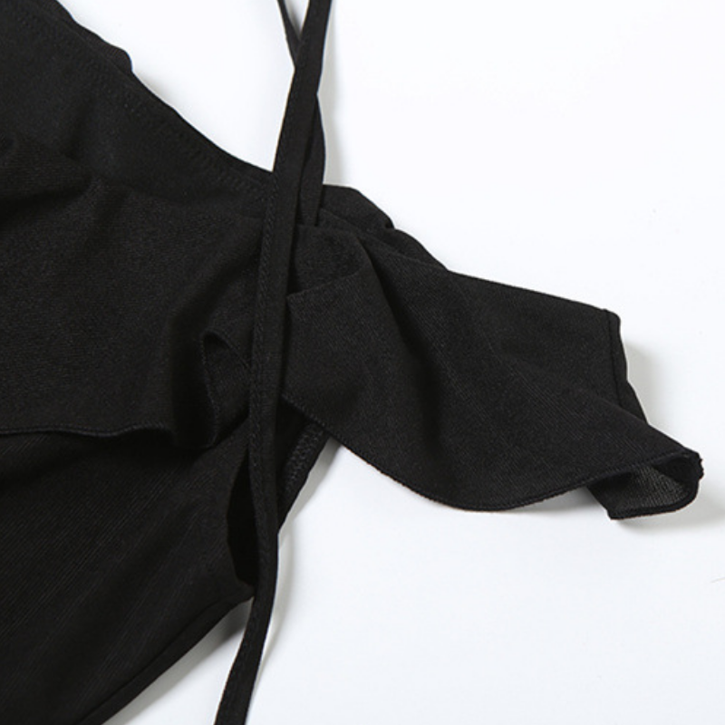 Ruffle halter self tie v neck hollow out cut out maxi dress