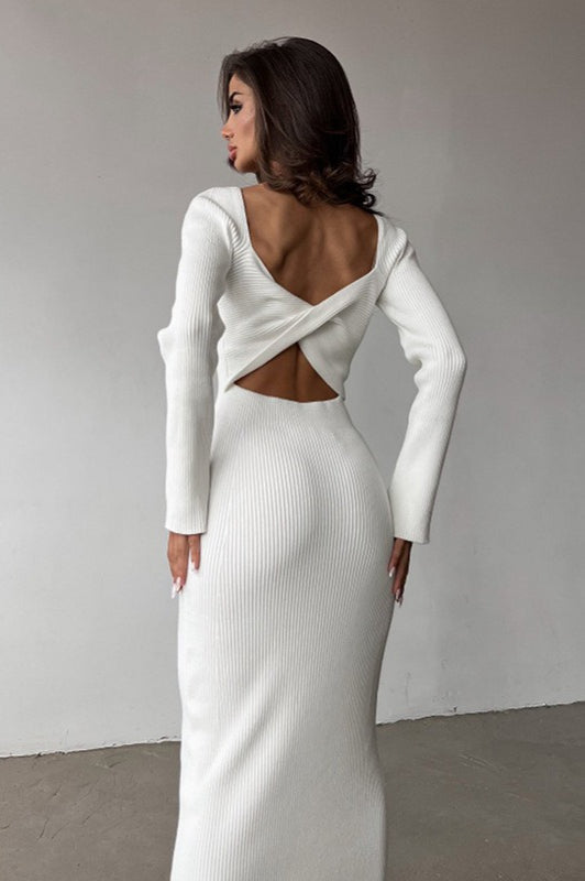 Rib Knit Long Sleeve Cross Back Cut Out Bodycon Maxi Sweater Dress