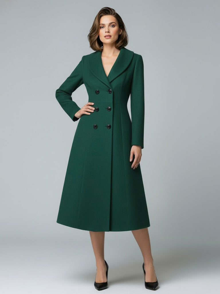 Woolen Double-Breasted A-line Midi Coat With Shawl Collar For Women 2026