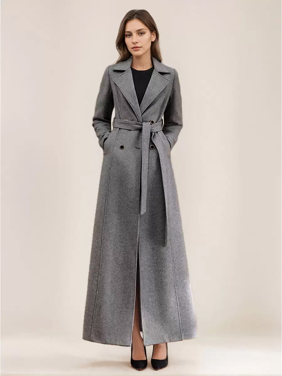 Gray Wool Blend Coat For Woman Lapel Belted Double-breasted Chic Full Length Wrap Outerwear 2026