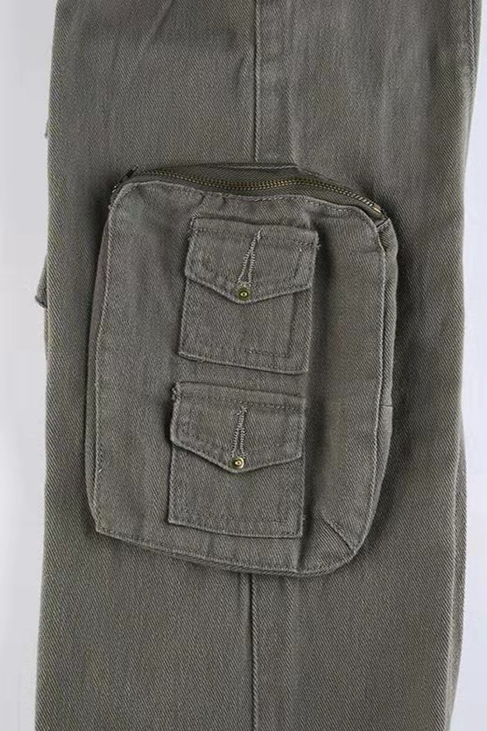Street Style Low-Waisted Multi-Pocket Denim Cargo Pant
