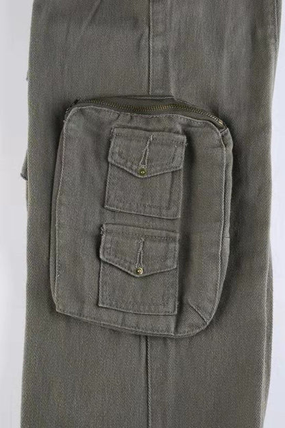 Street Style Low-Waisted Multi-Pocket Denim Cargo Pant
