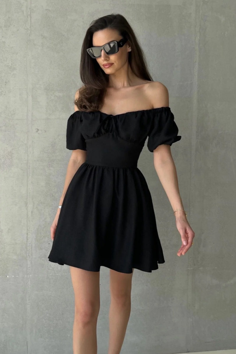 Off Shoulder Puff Sleeve Tie Back Bow A-Line Mini Dress