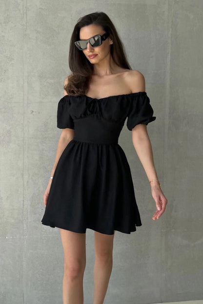 Off Shoulder Puff Sleeve Tie Back Bow A-Line Mini Dress