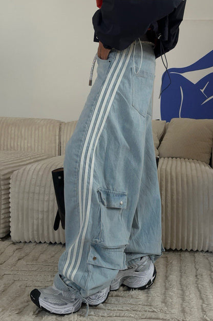 Striped Wide Leg Denim Trousers Pants