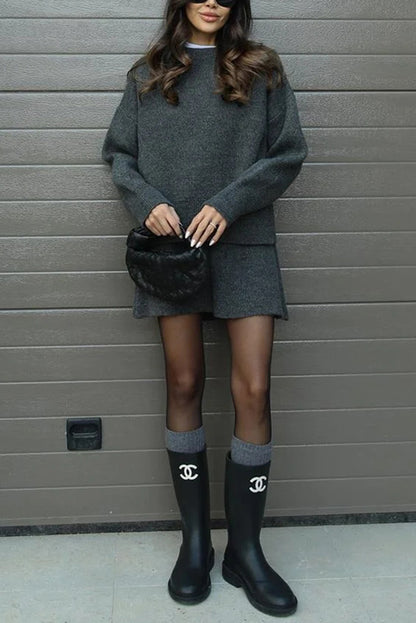 Solid Color Casual Preppy Knit Top and Knit Stretch Mini Skirt Set