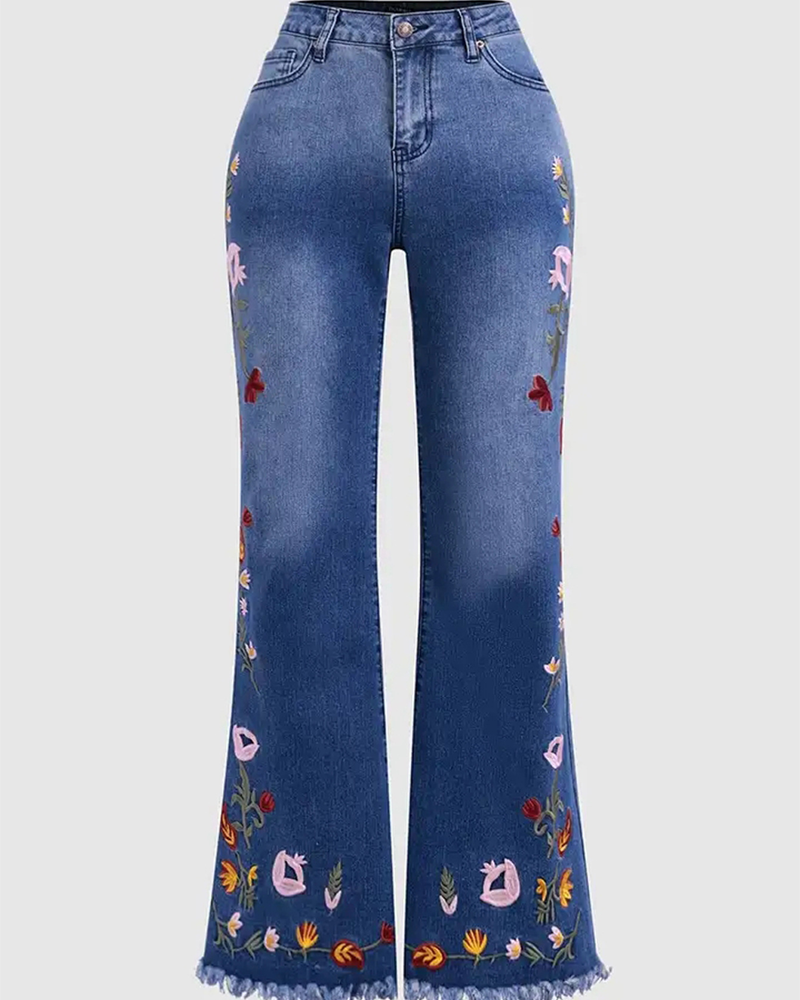 High-Stretch Embroidered Flared Jeans