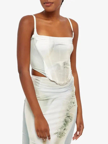 Printed Backless Corset Top & Skirt Coord Set