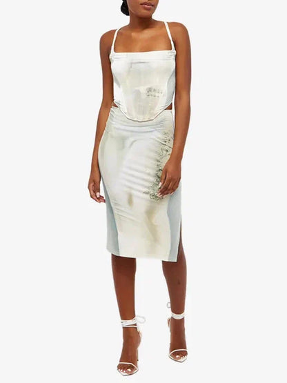 Printed Backless Corset Top & Skirt Coord Set