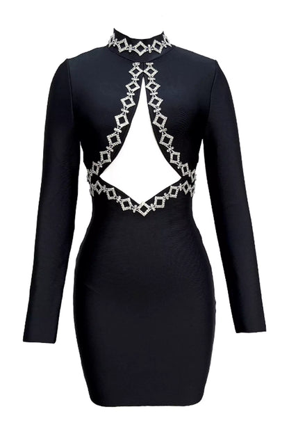 Clover Black Embellished Mesh Bandage Dress