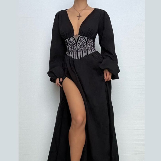 Long sleeve v neck corset maxi dress