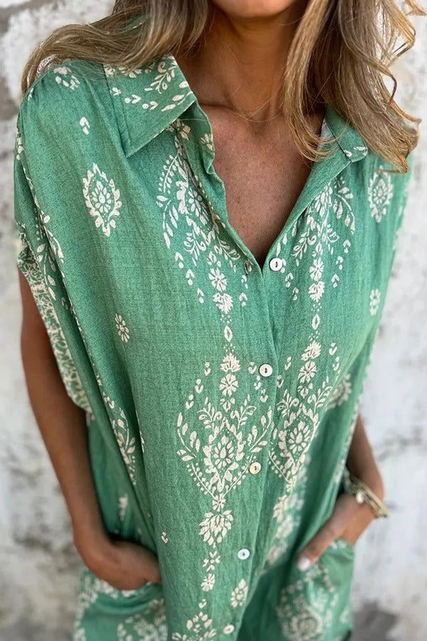 Linen Blend Unique Print Lapel Casual Pocket Mini Dress