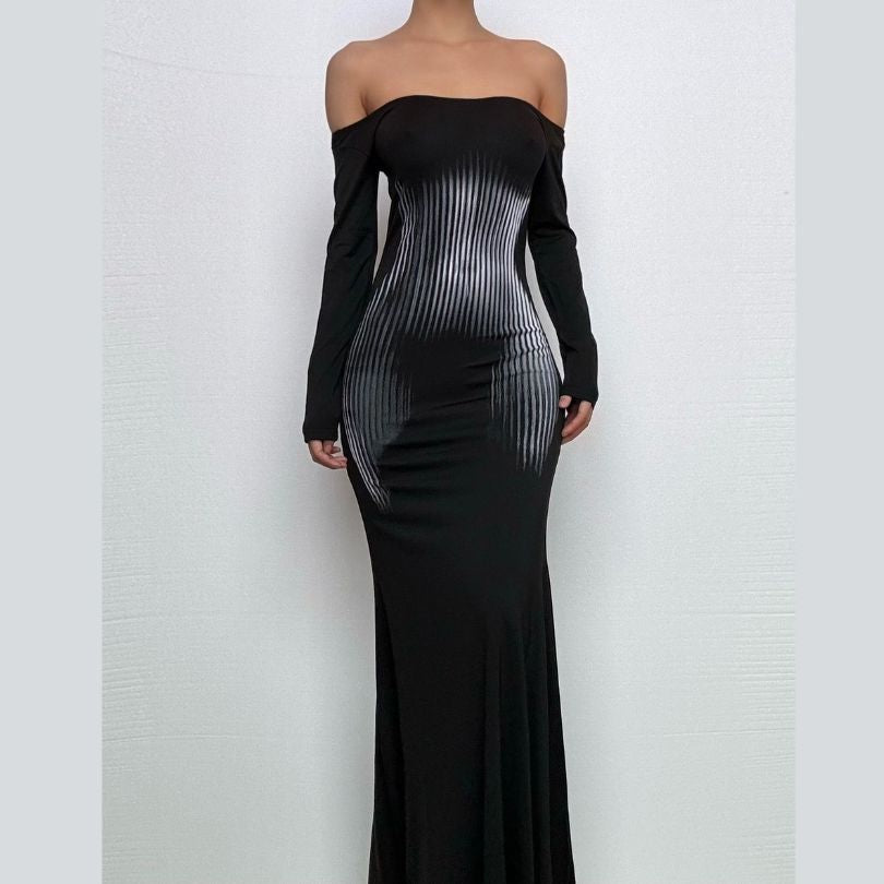 Long sleeve off shoulder print contrast maxi dress