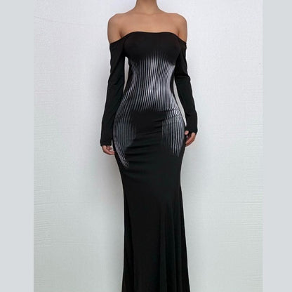 Long sleeve off shoulder print contrast maxi dress