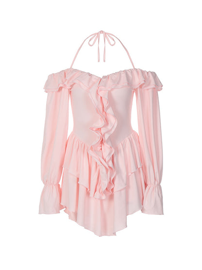 Solid Halter Ruffled Trim Mini Dress
