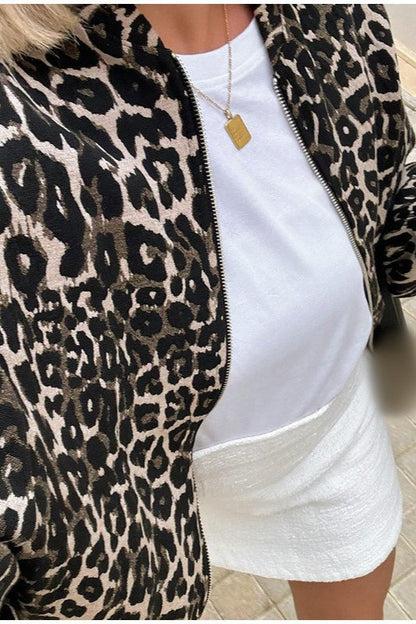 Animal Print Notch Collar Zip-Up Coat